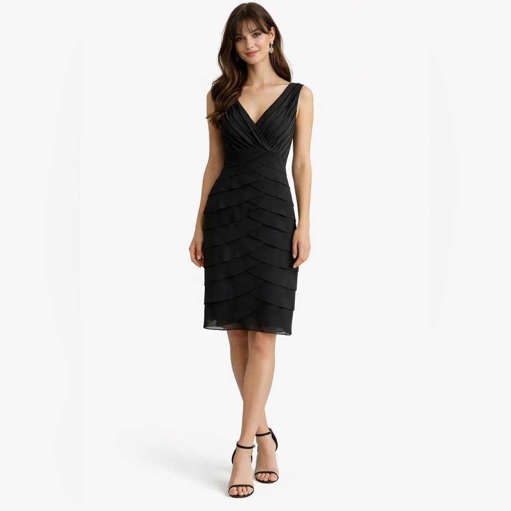 Adrianna Papell LBD Tiered Black Shift Dress Szie 12P Party Holiday Minimalist